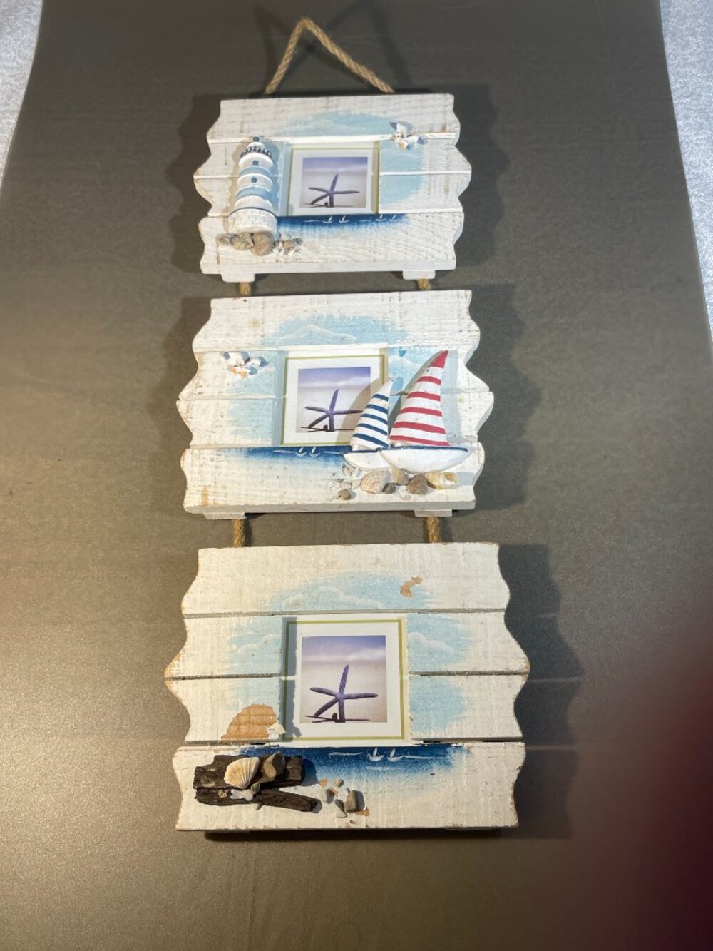 3 Beach Theme Photo Frames connected by rope. Each holds a 3x3" photo. (703)